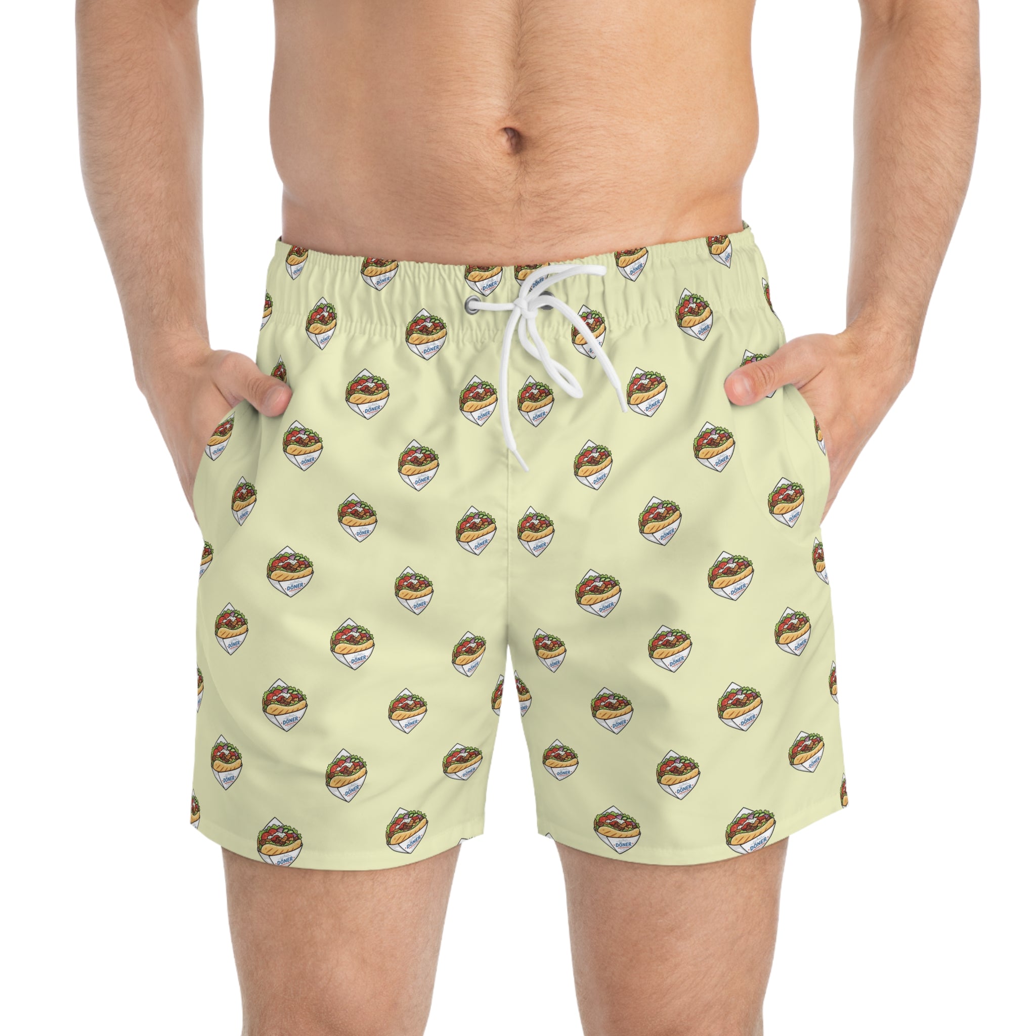 Döner Pattern Swim Trunks — Retro Yellow All-Over Print Beach Shorts