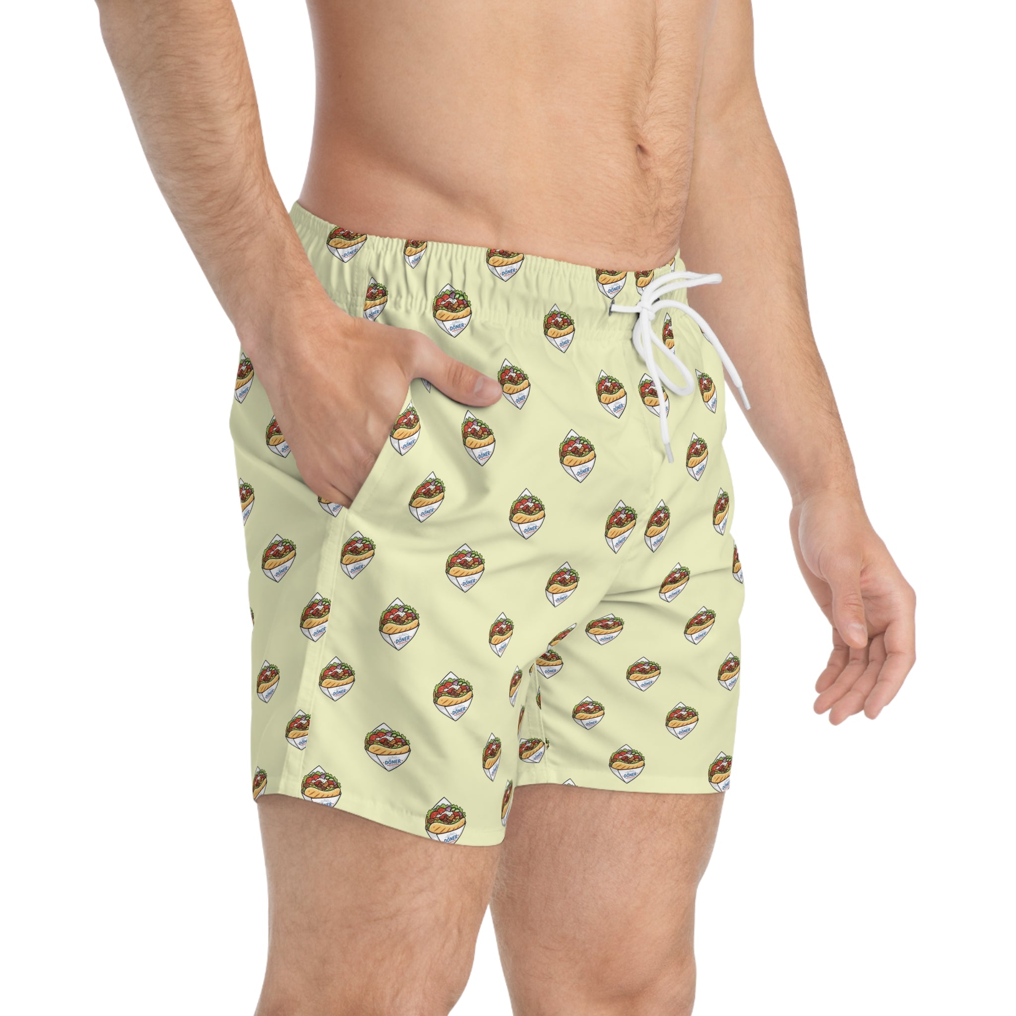 Döner Pattern Swim Trunks — Retro Yellow All-Over Print Beach Shorts