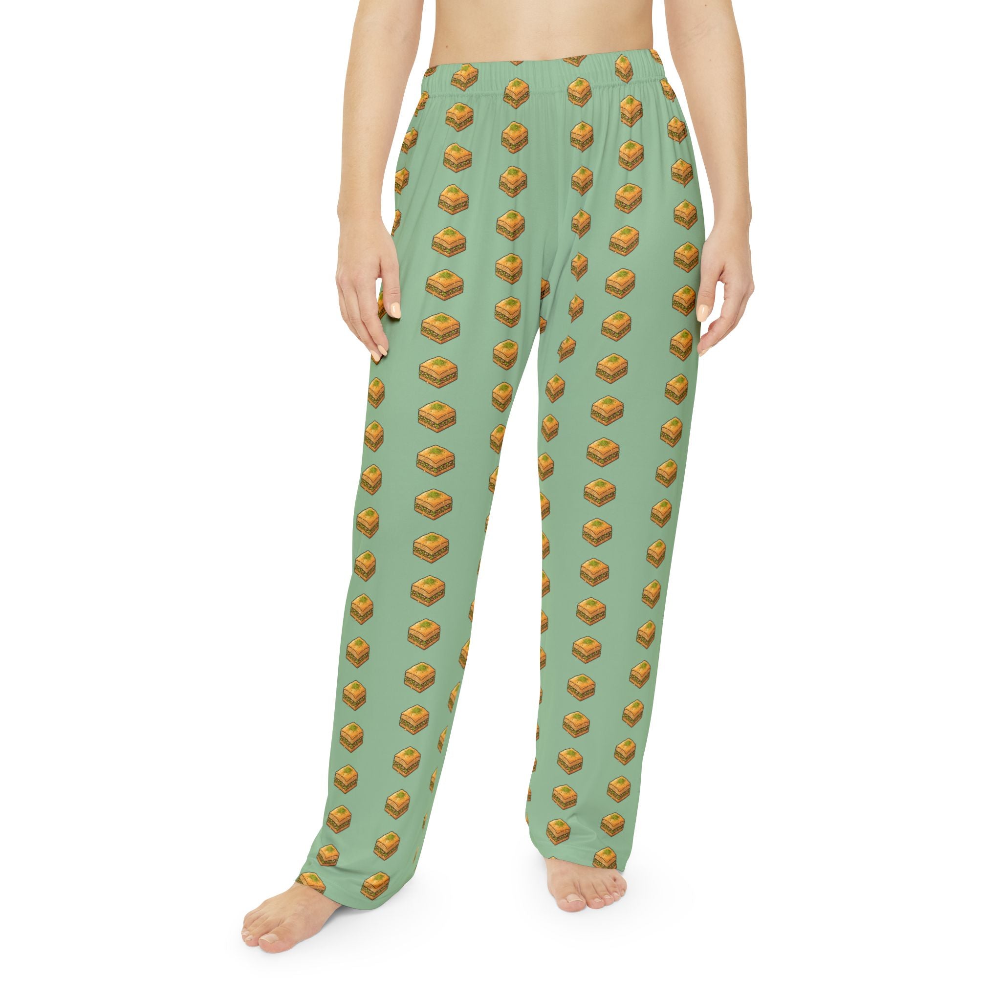Green Baklava Pattern Pajama Pants — Women's Cozy Lounge Sleepwear